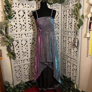 SPEECHLESS CLASSY PURPLE IRIDESCENT GLITTERY SLEEVELESS HIGH LOW FORMAL DRESS